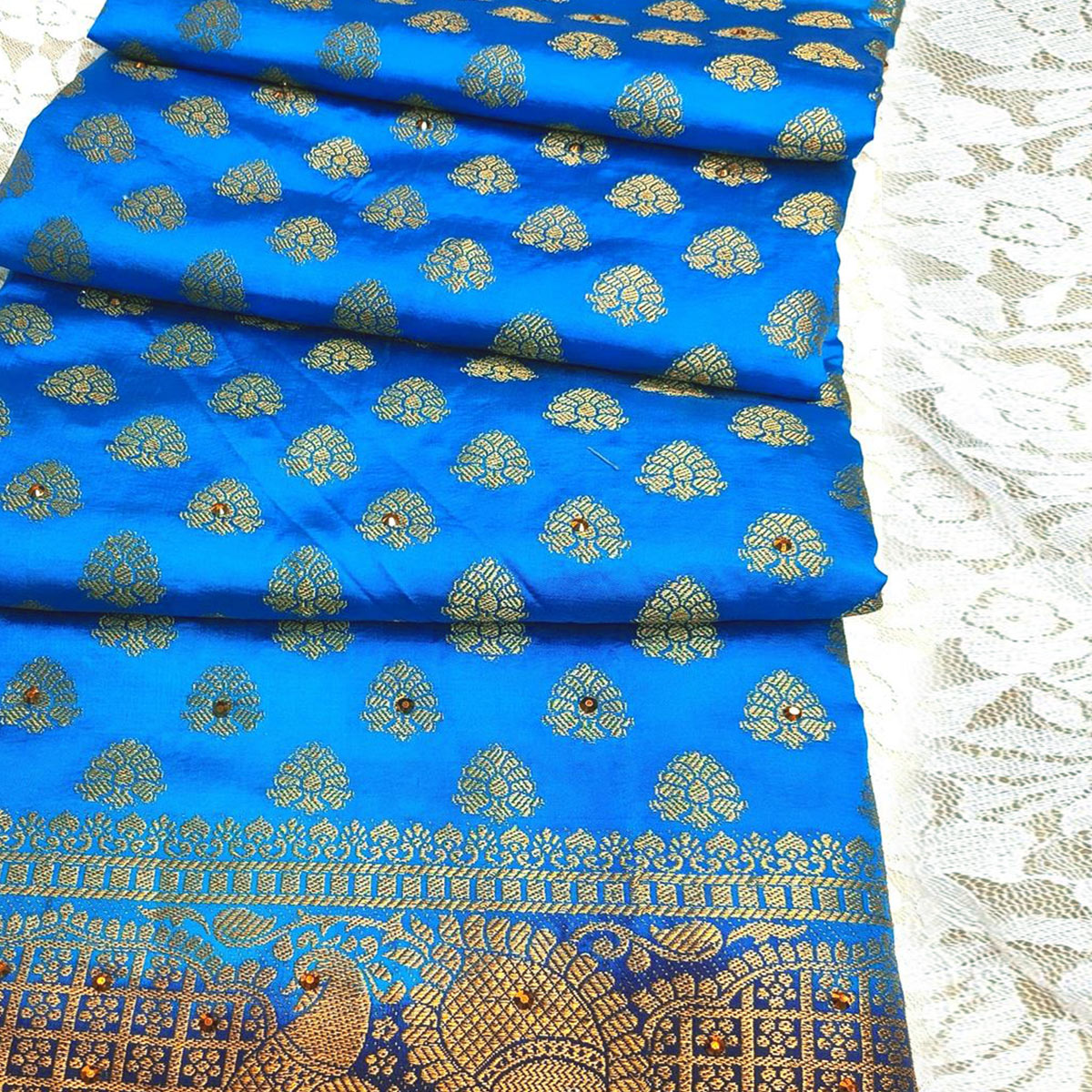 Blue Woven With Stone Work Banarasi Silk Saree