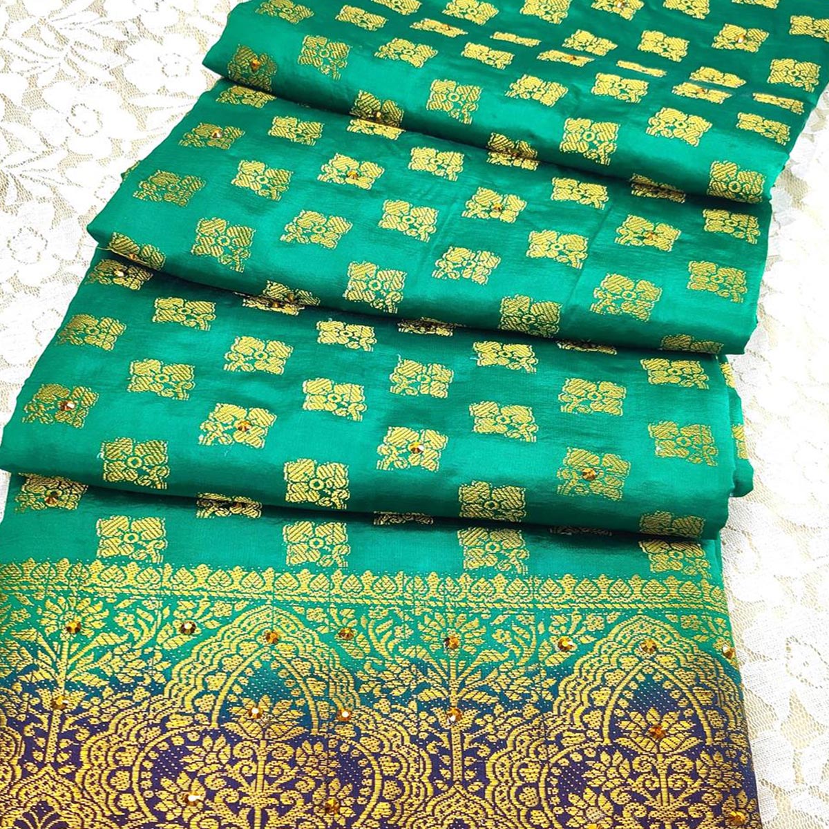 Green Woven With Stone Work Banarasi Silk Saree