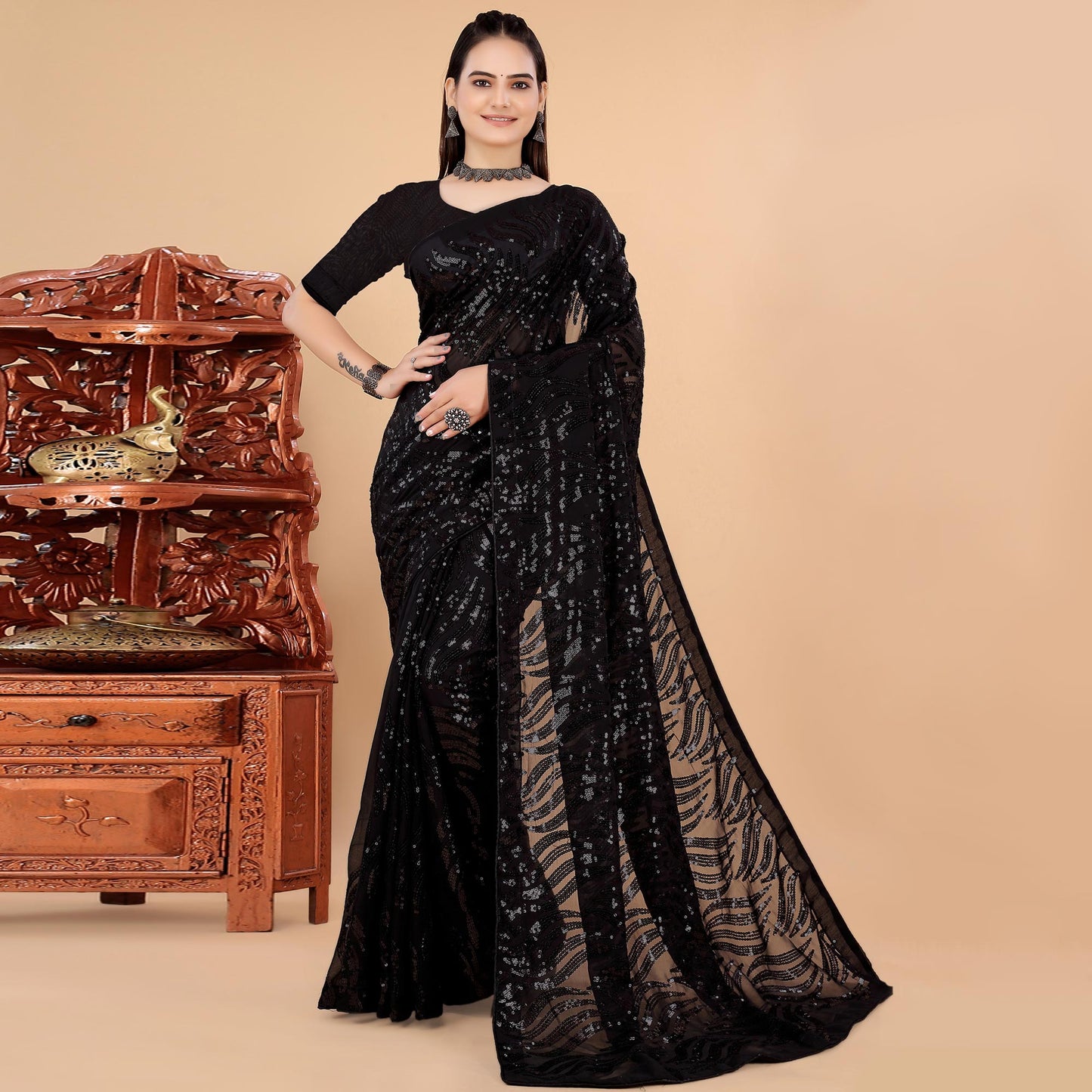 Black Sequins Embroidered Georgette Saree