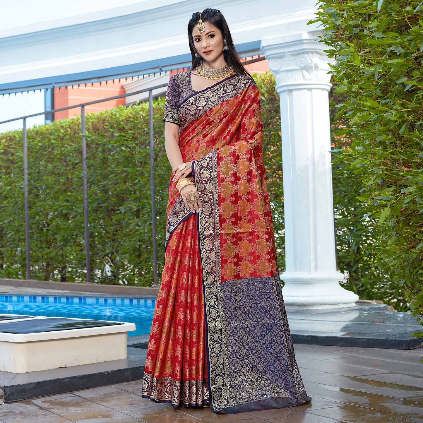 Red Floral Woven Art Silk Saree