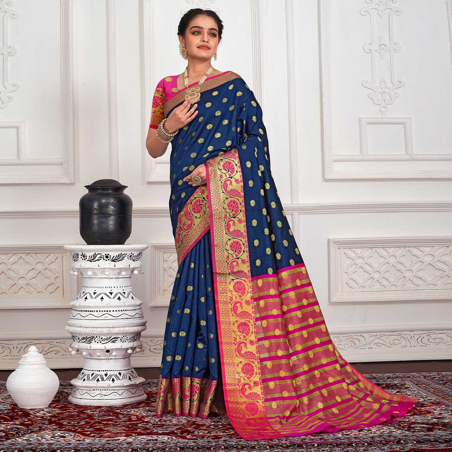 Blue Floral Woven Art Silk Saree