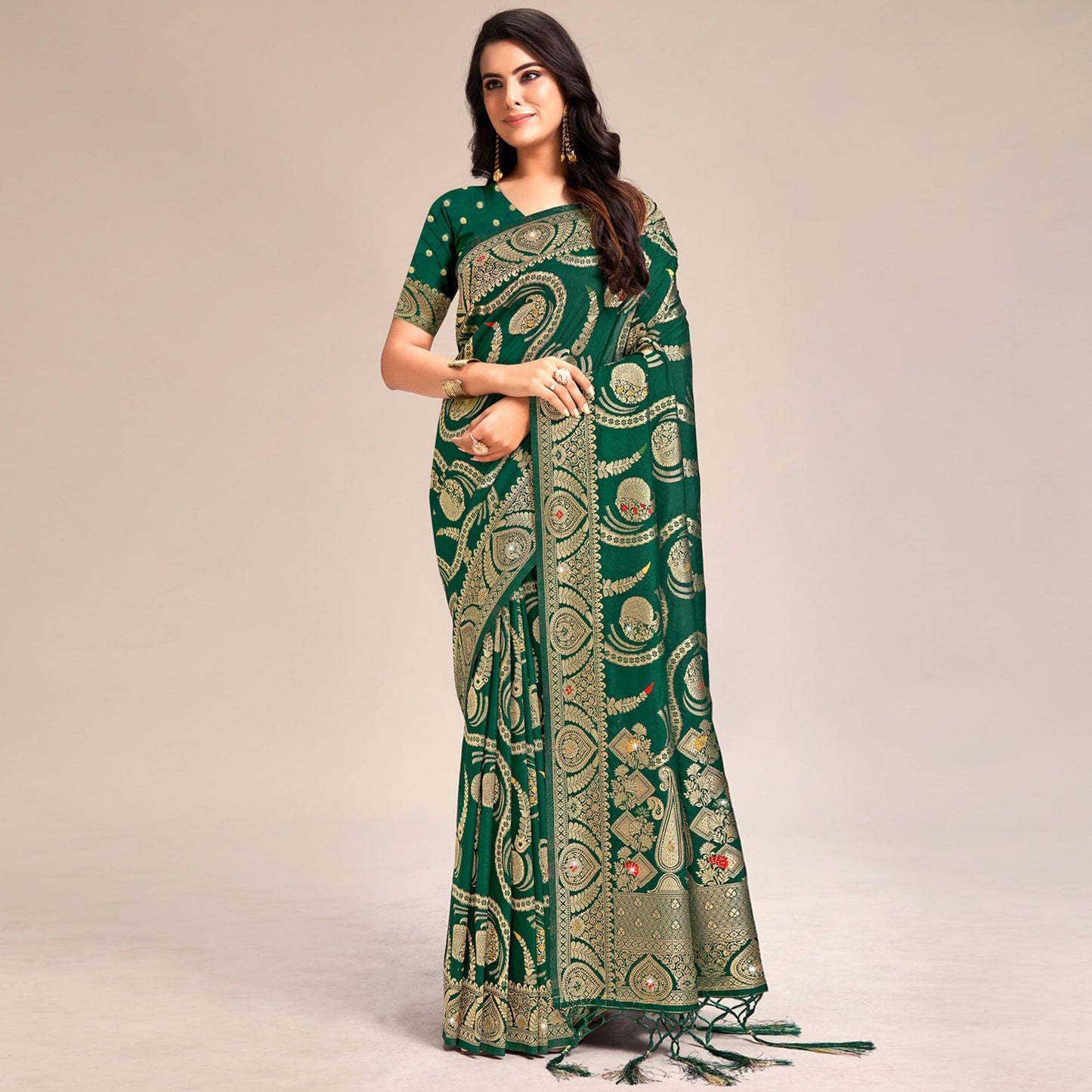 Dark Green Woven Banarasi Silk Saree With Tassels