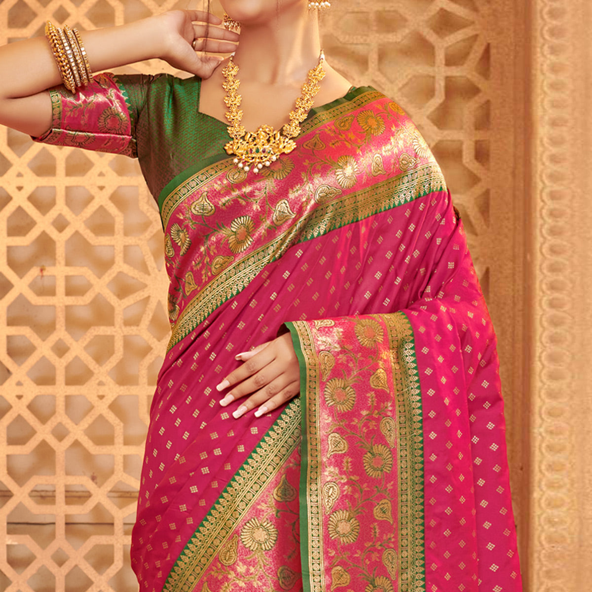 Pink Floral Woven Banarasi Silk Saree With Tassels