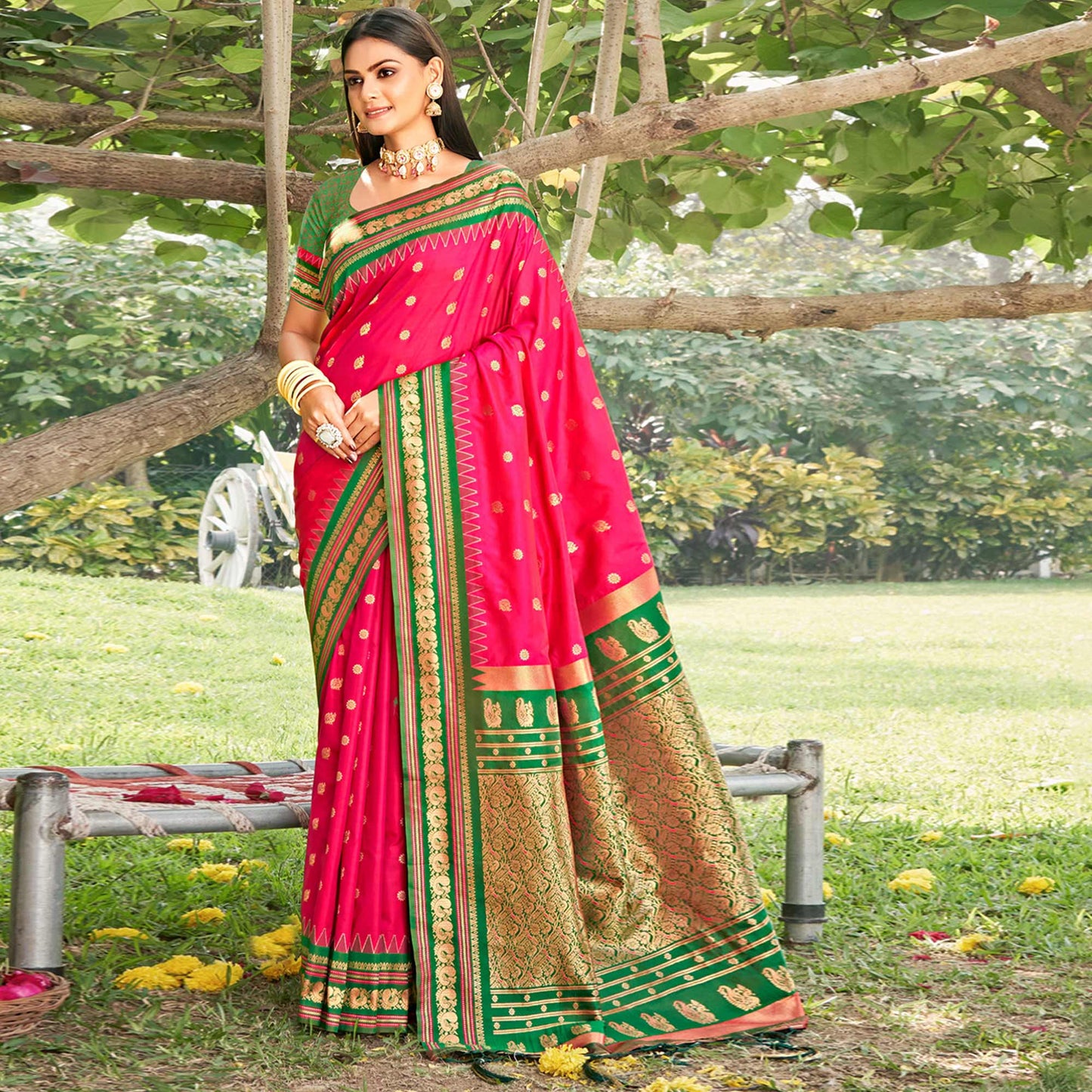 Pink Woven Paithani Banarasi Silk Saree With Tassels