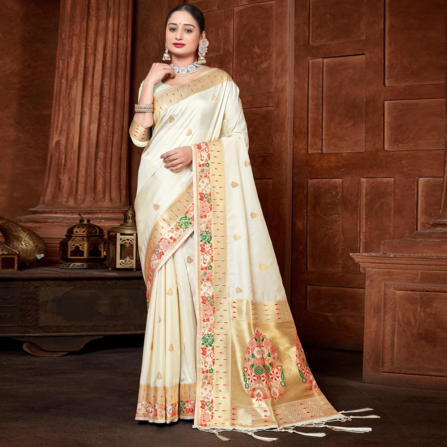 Cream Woven Paithani Banarasi Silk Saree With Tassels