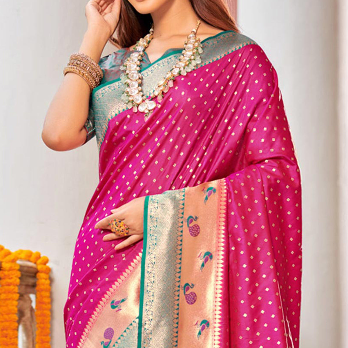 Rani Pink Woven Banarasi Silk Saree With Tassels