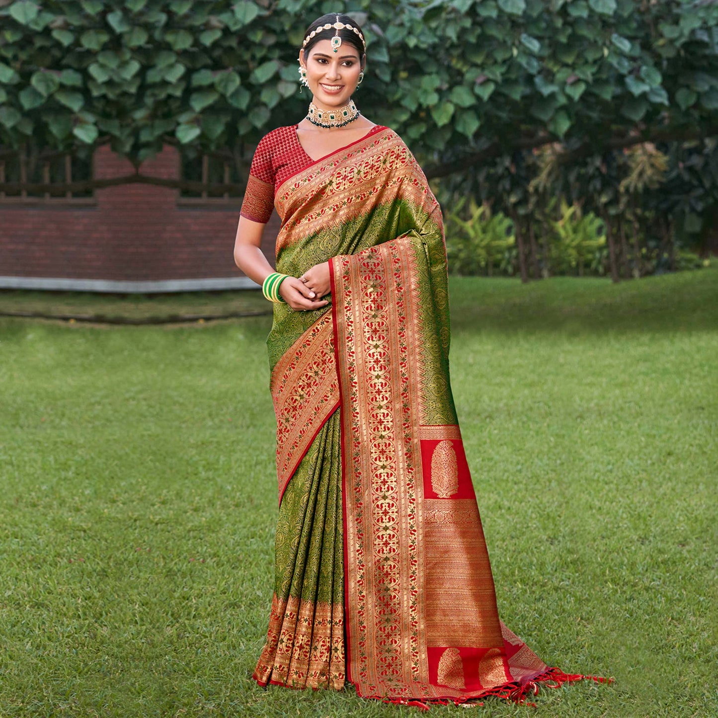 Green Woven Kanjivaram Silk Saree With Tassels