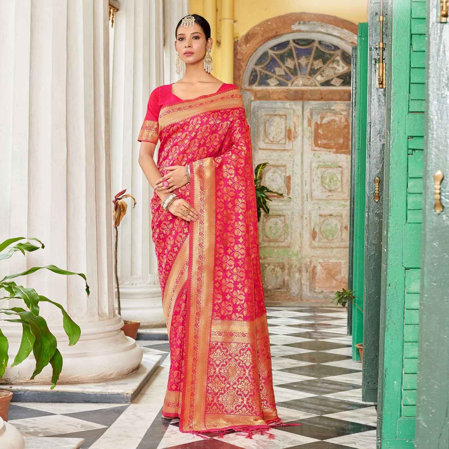 Magenta Floral Woven Banarasi Silk Saree With Tassels