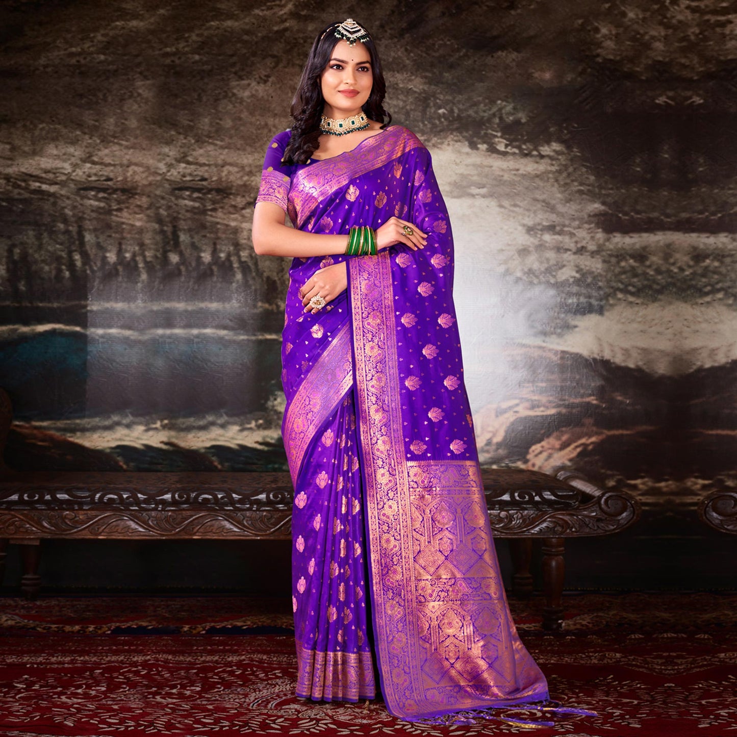 Violet Floral Woven Banarasi Silk Saree With Tassels