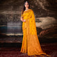 Mustard Floral Woven Banarasi Silk Saree With Tassels