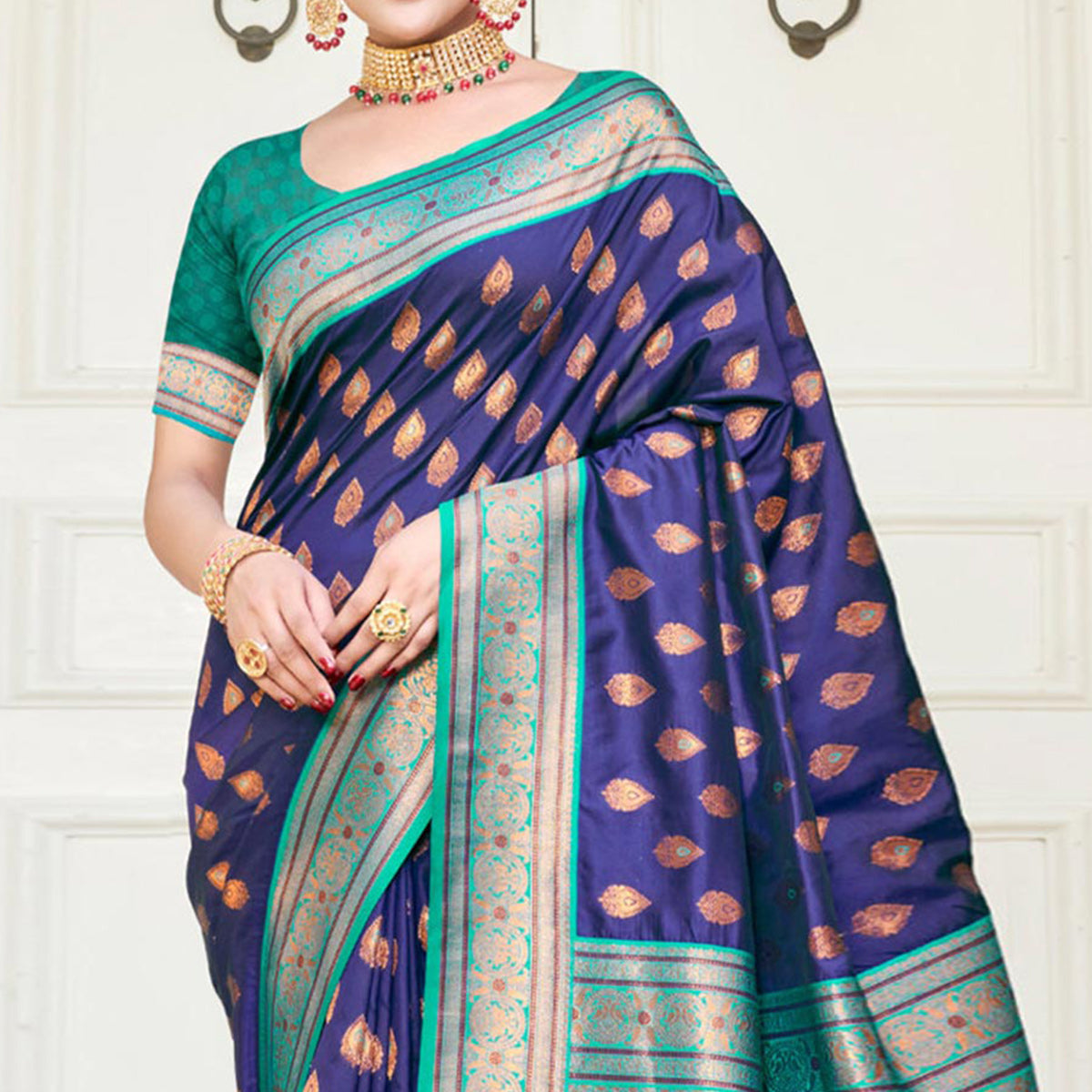 Blue Woven Banarasi Silk Saree With Tassels