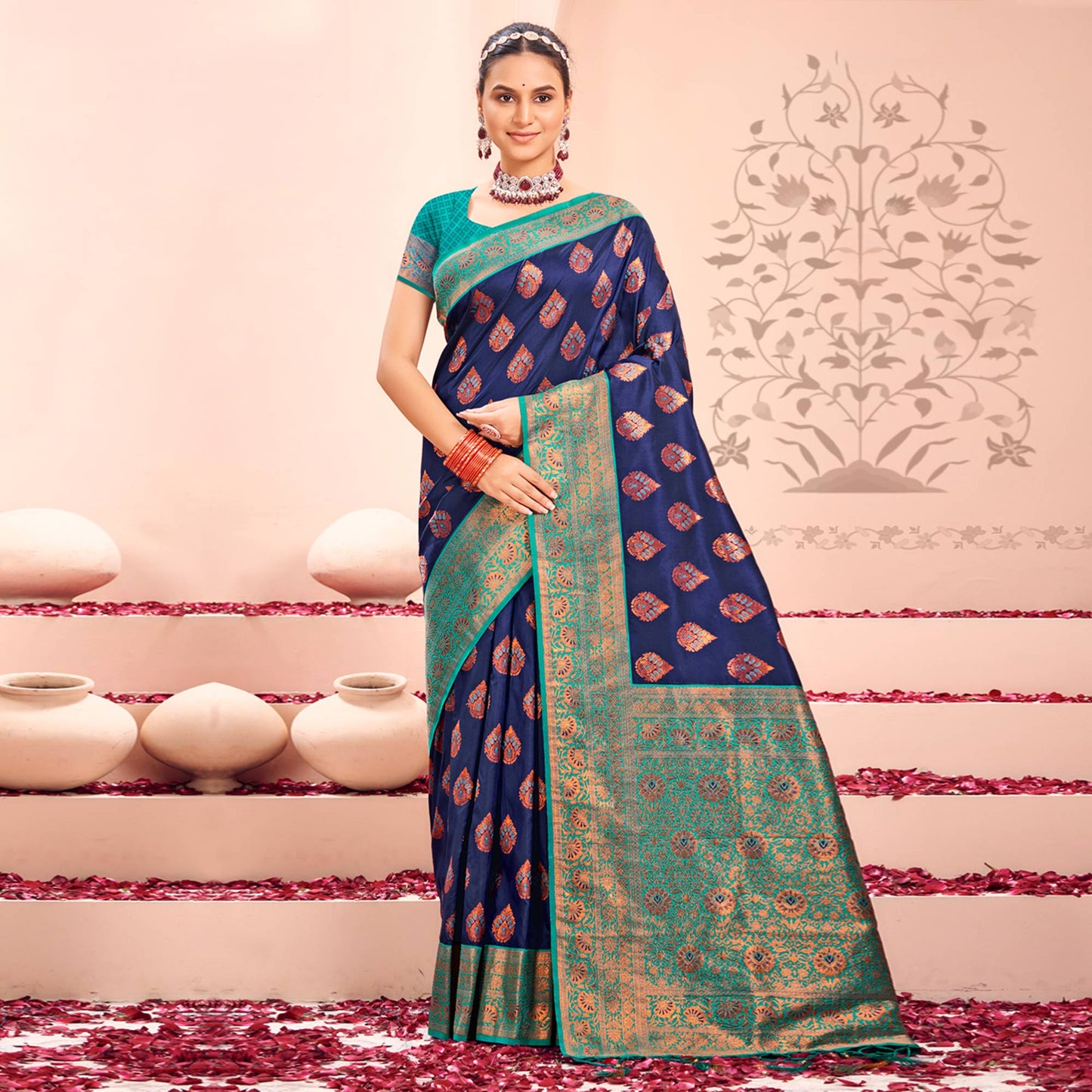 Navy Blue Floral Woven Kanjivaram Silk Saree With Tassels