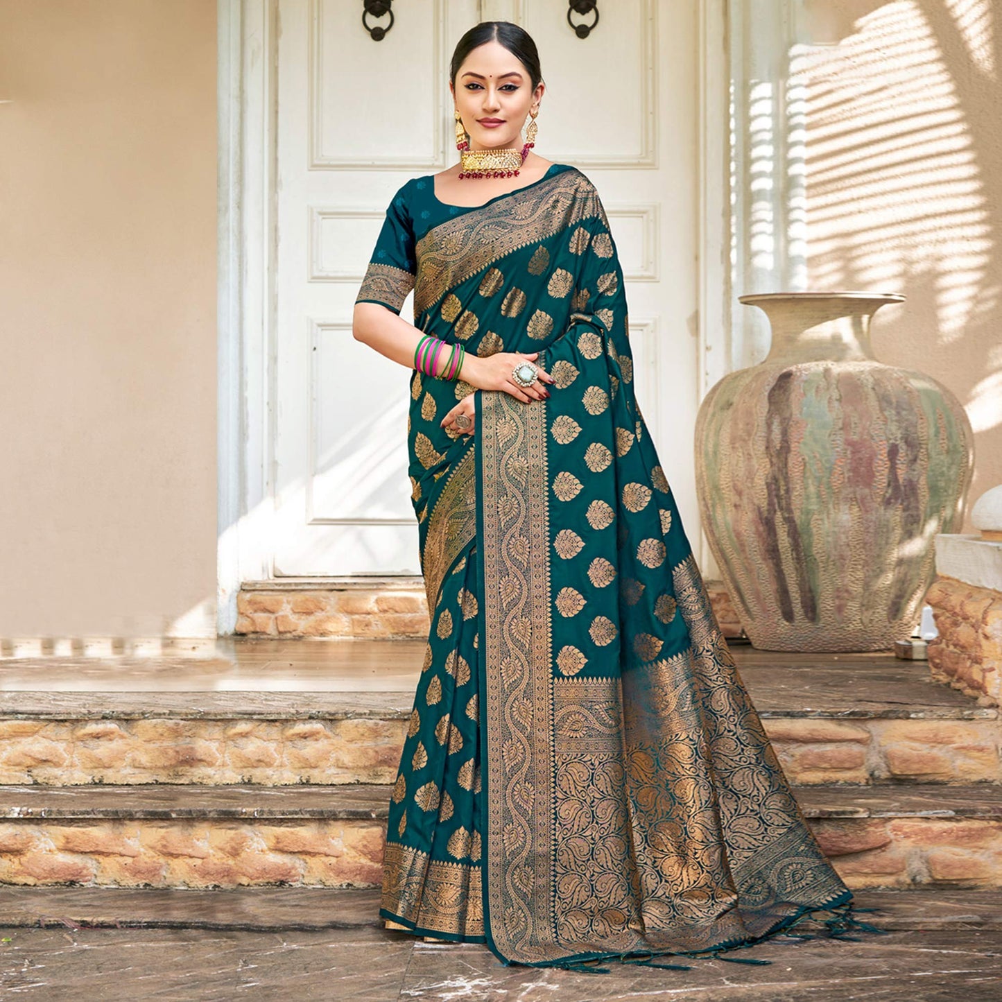 Teal Floral Woven Banarasi Silk Saree