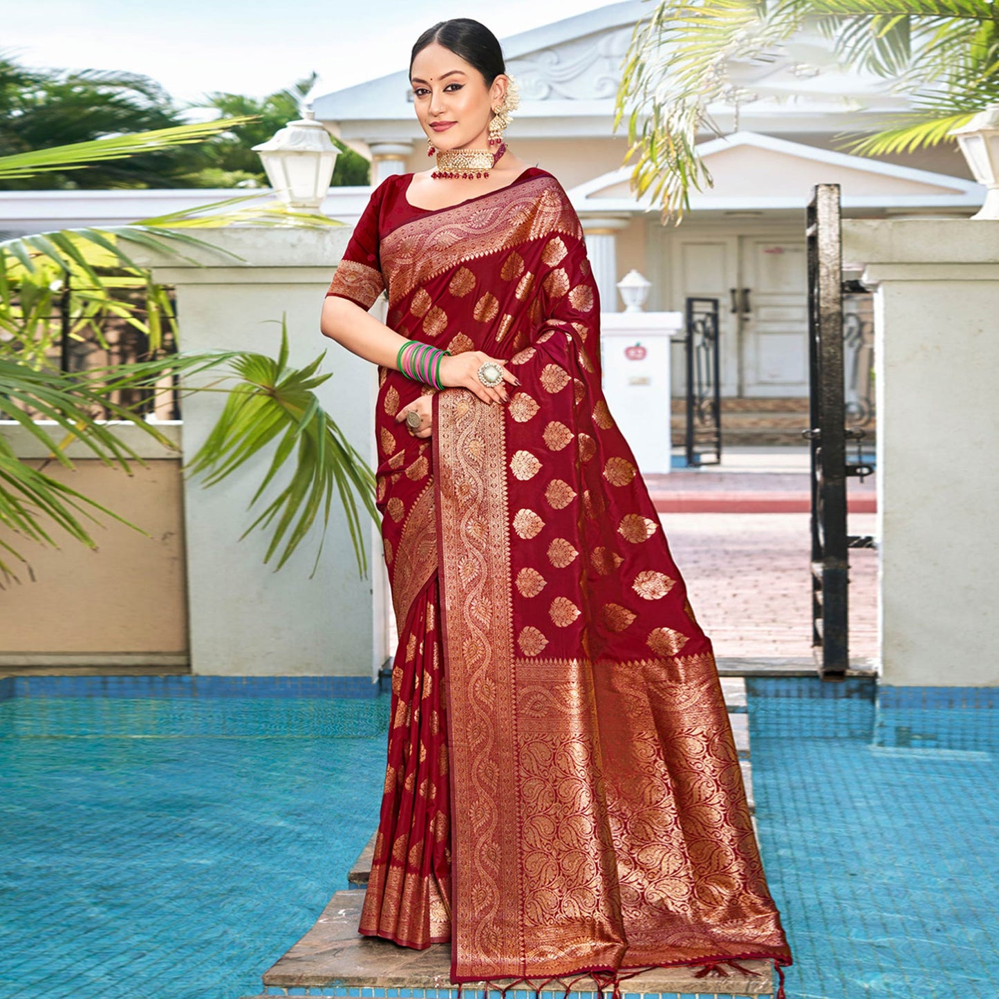 Maroon Floral Woven Banarasi Silk Saree