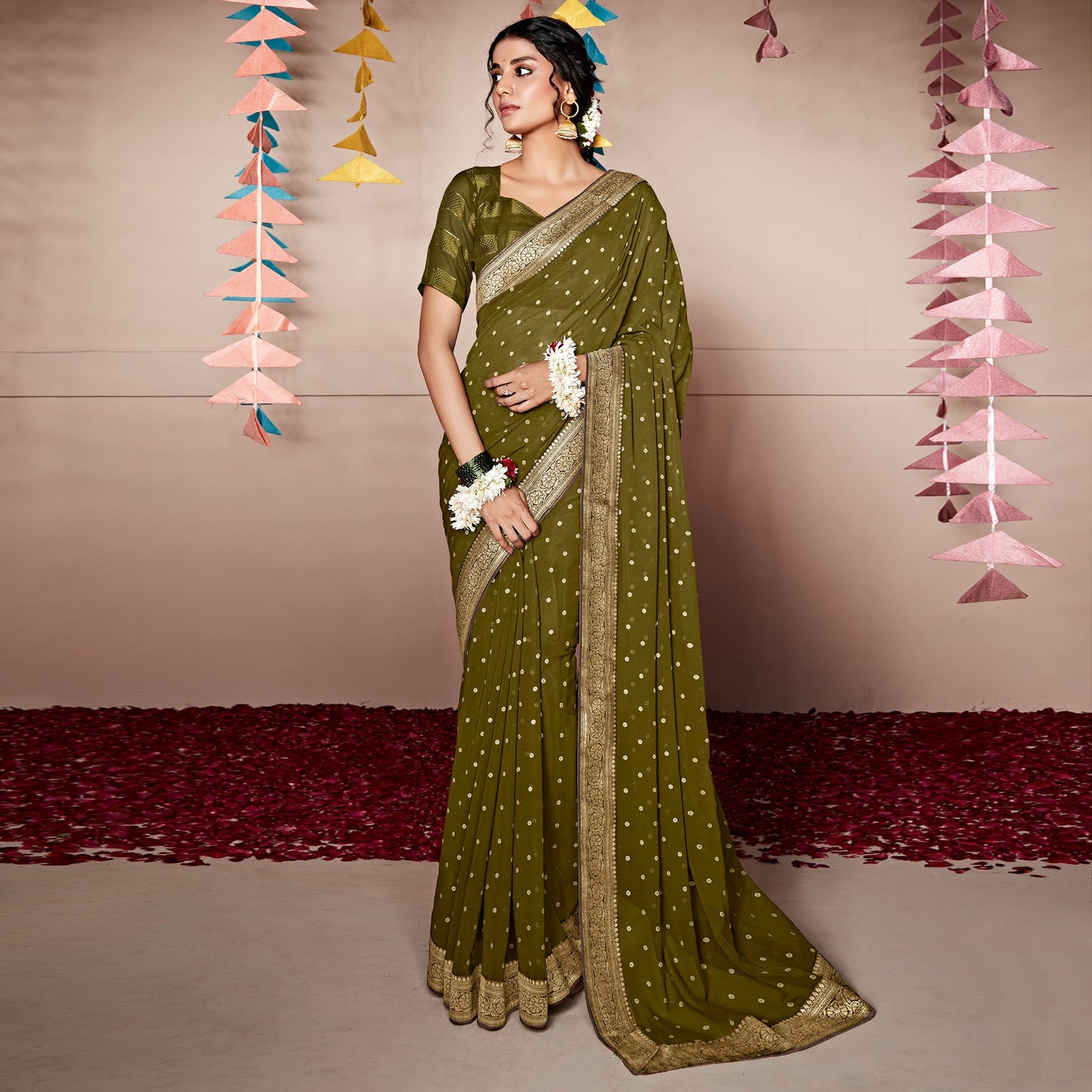 Mehendi Green Foil Printed With Woven Border Georgette Saree