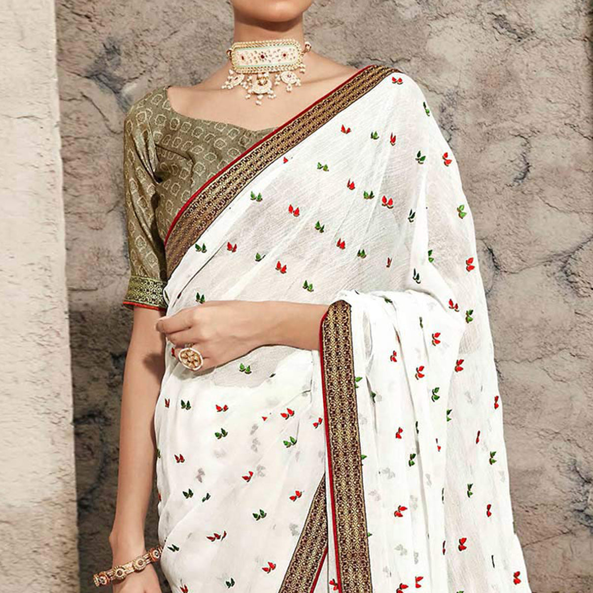 White Floral Embroidered Chiffon Saree