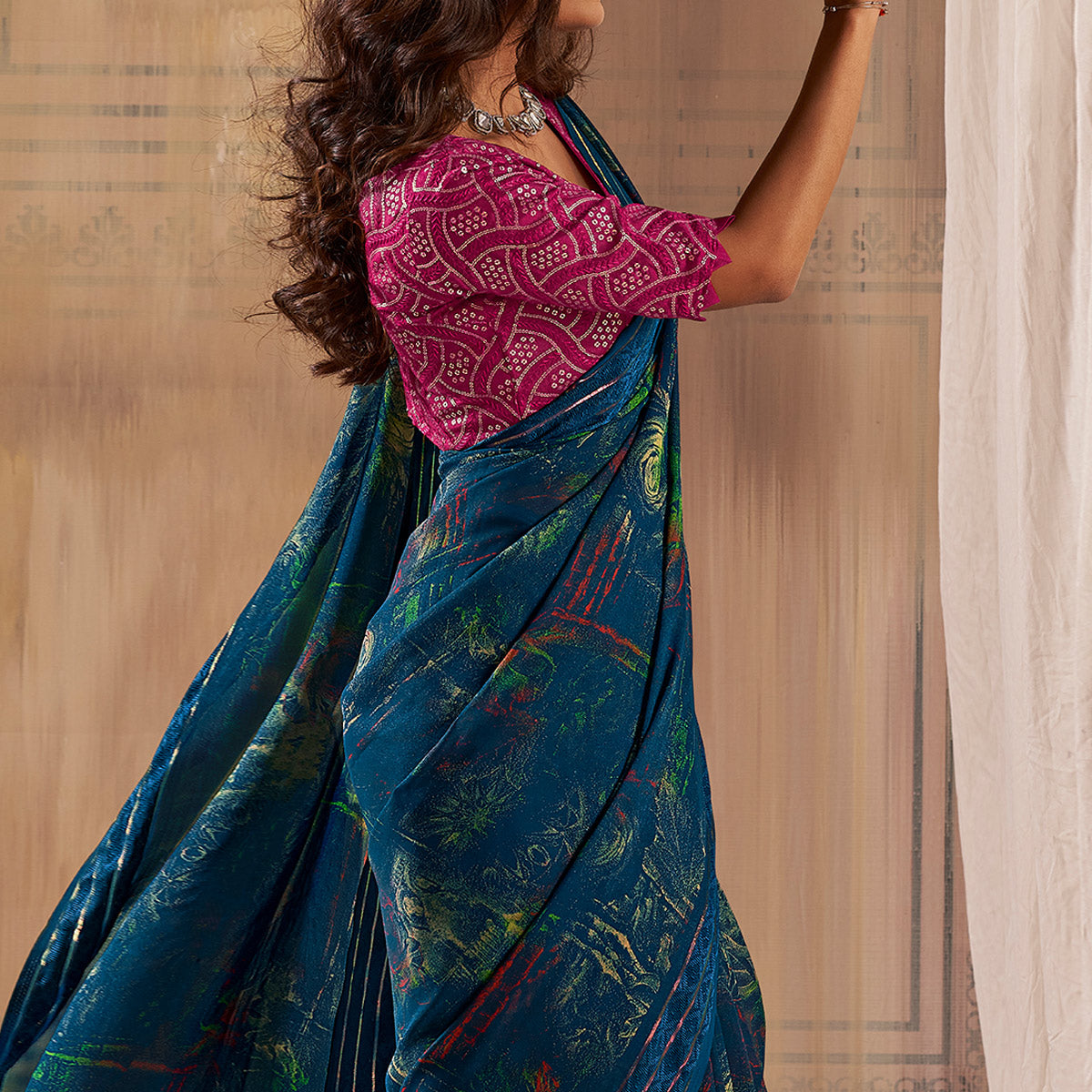 Teal Floral Printed Georgette Saree