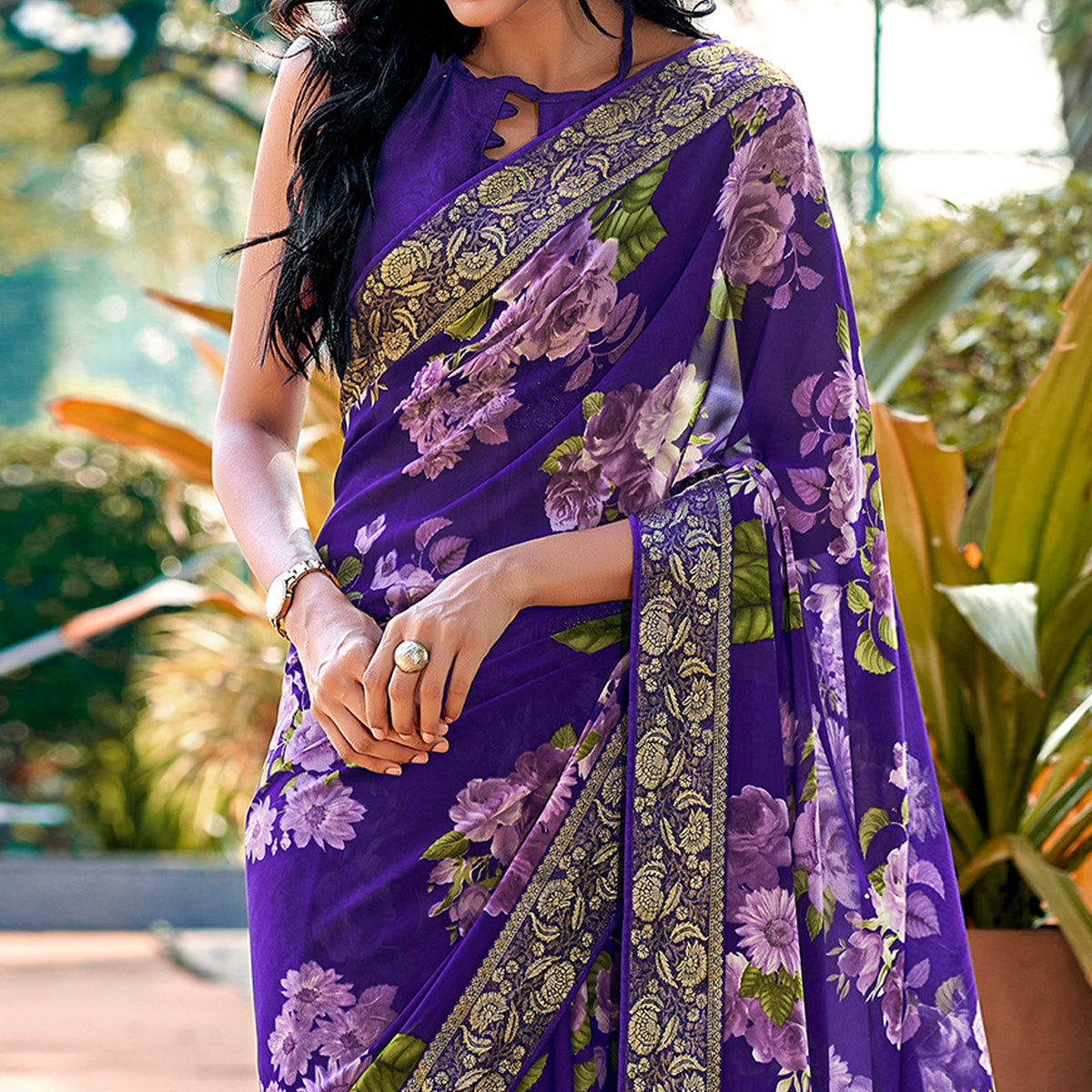 Violet Floral Printed Georgette Saree With Border & Jacquard Blouse