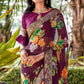 Wine Floral Printed Georgette Saree With Border & Jacquard Blouse