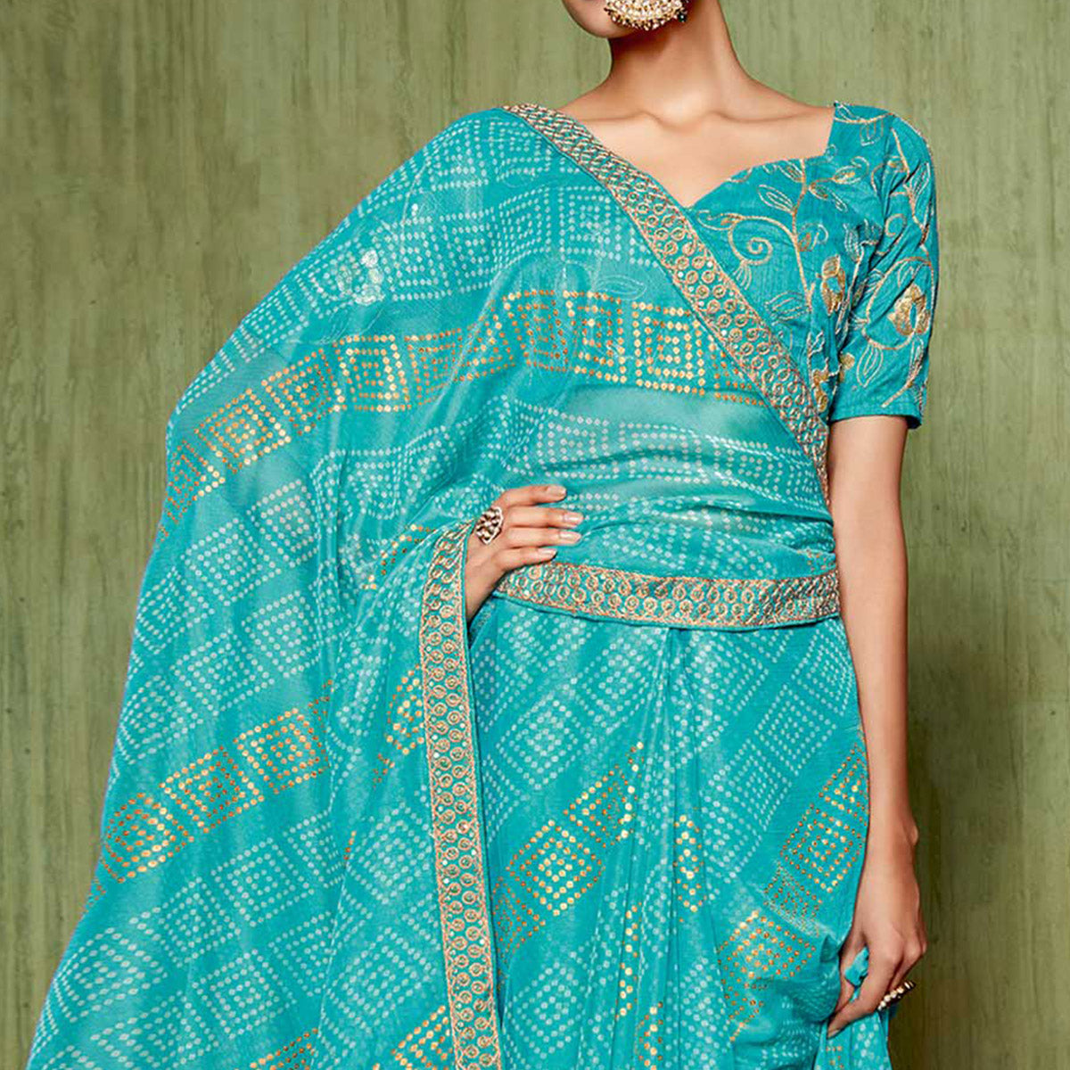 Blue Foil Printed With Embroidered Border Chiffon Saree