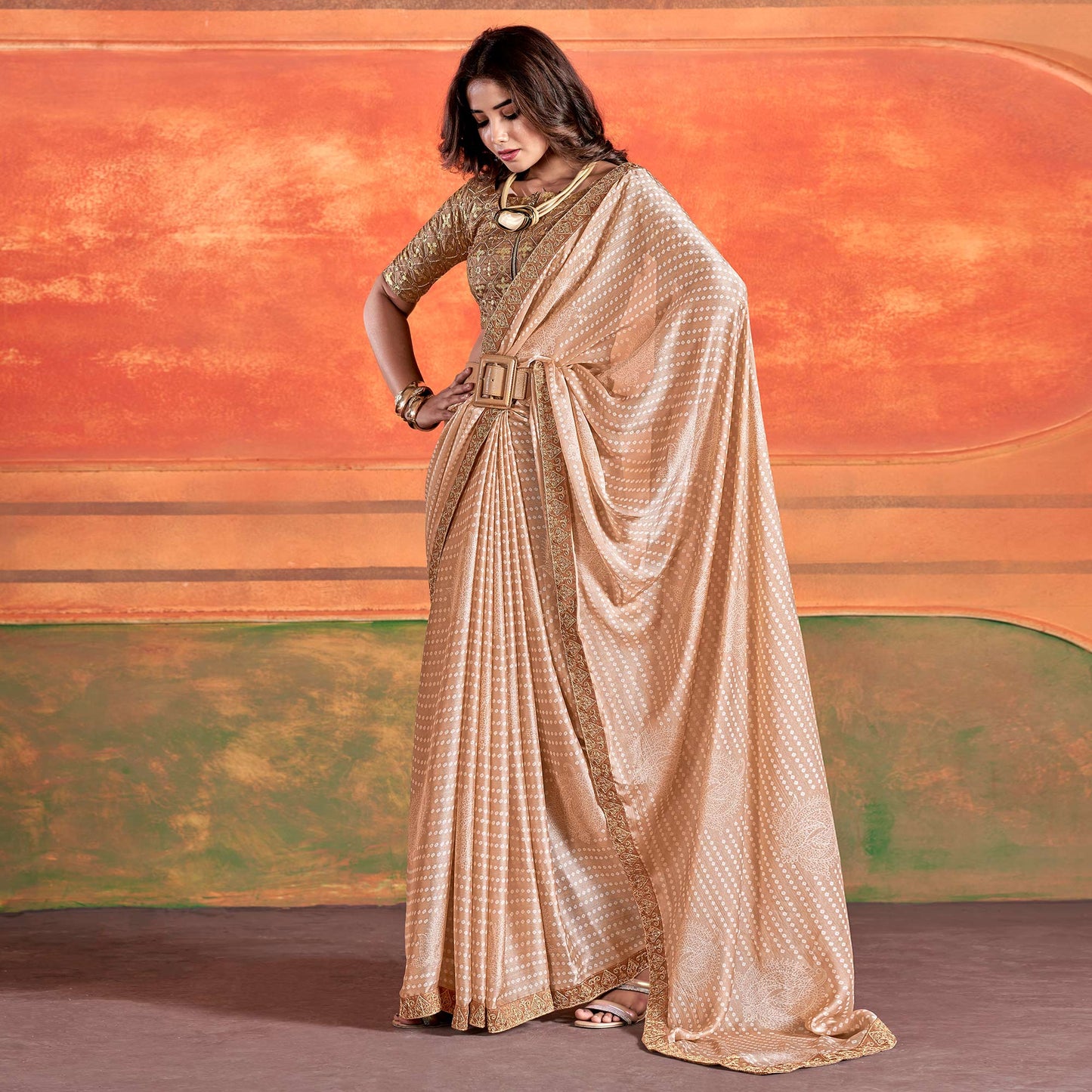 Beige Bandhani Printed Chiffon Saree With Embroidered Border