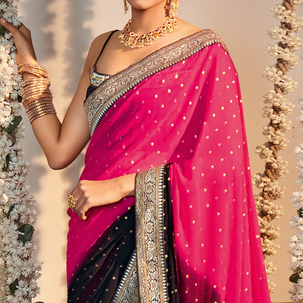 Pink & Black Foil Printed Georgette Saree