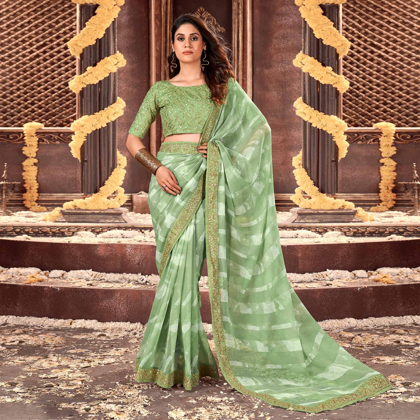 Pista Green Striped Printed Georgette Saree