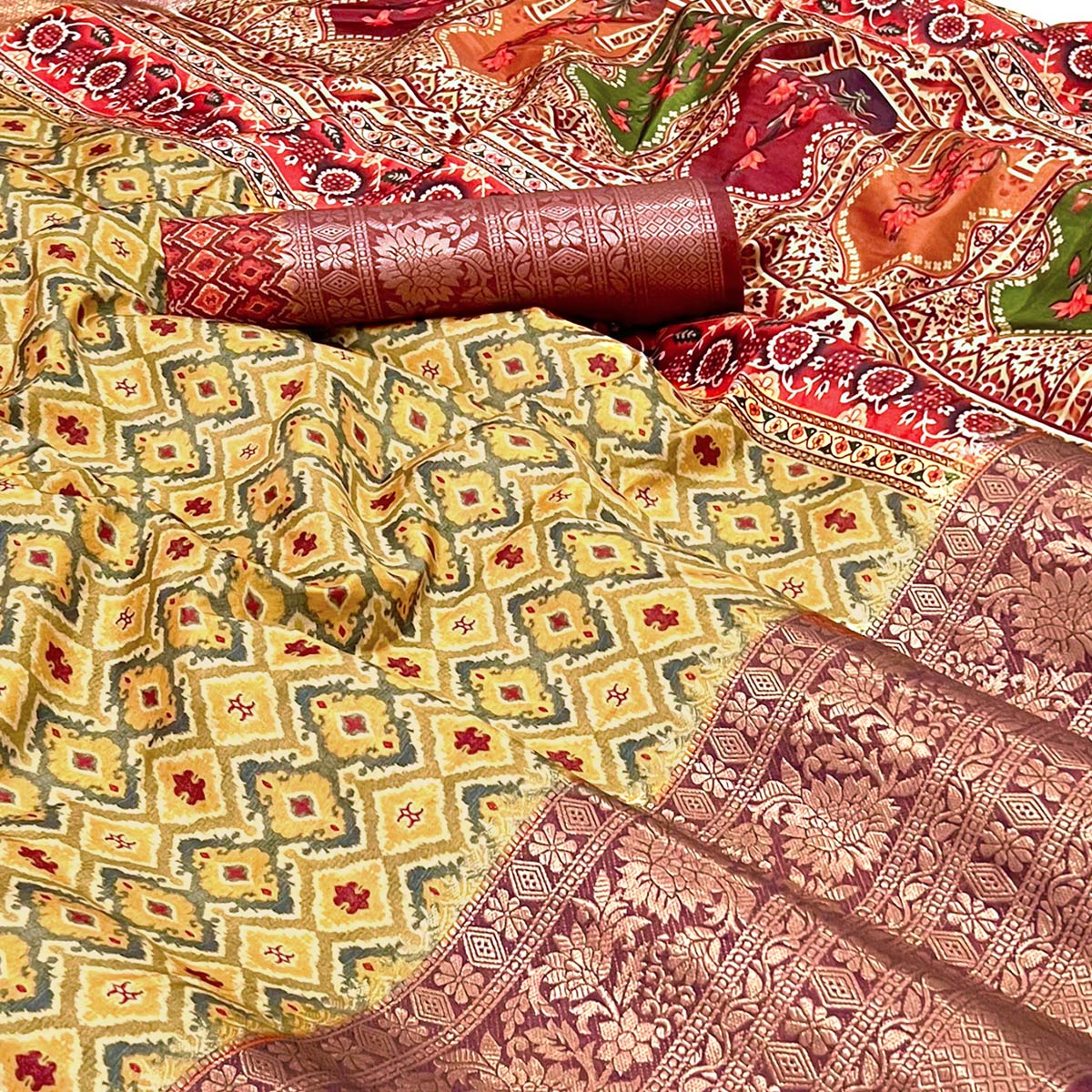 Yellow Floral Digital Printed With Woven Border Art Silk Saree