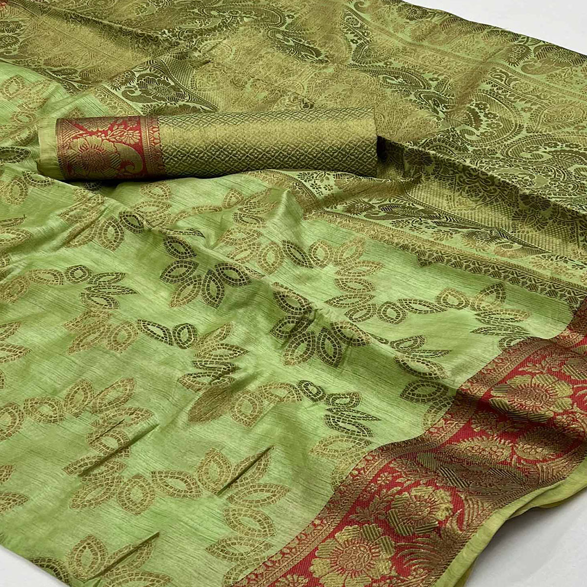 Pista Green Floral Woven Art Sill Saree