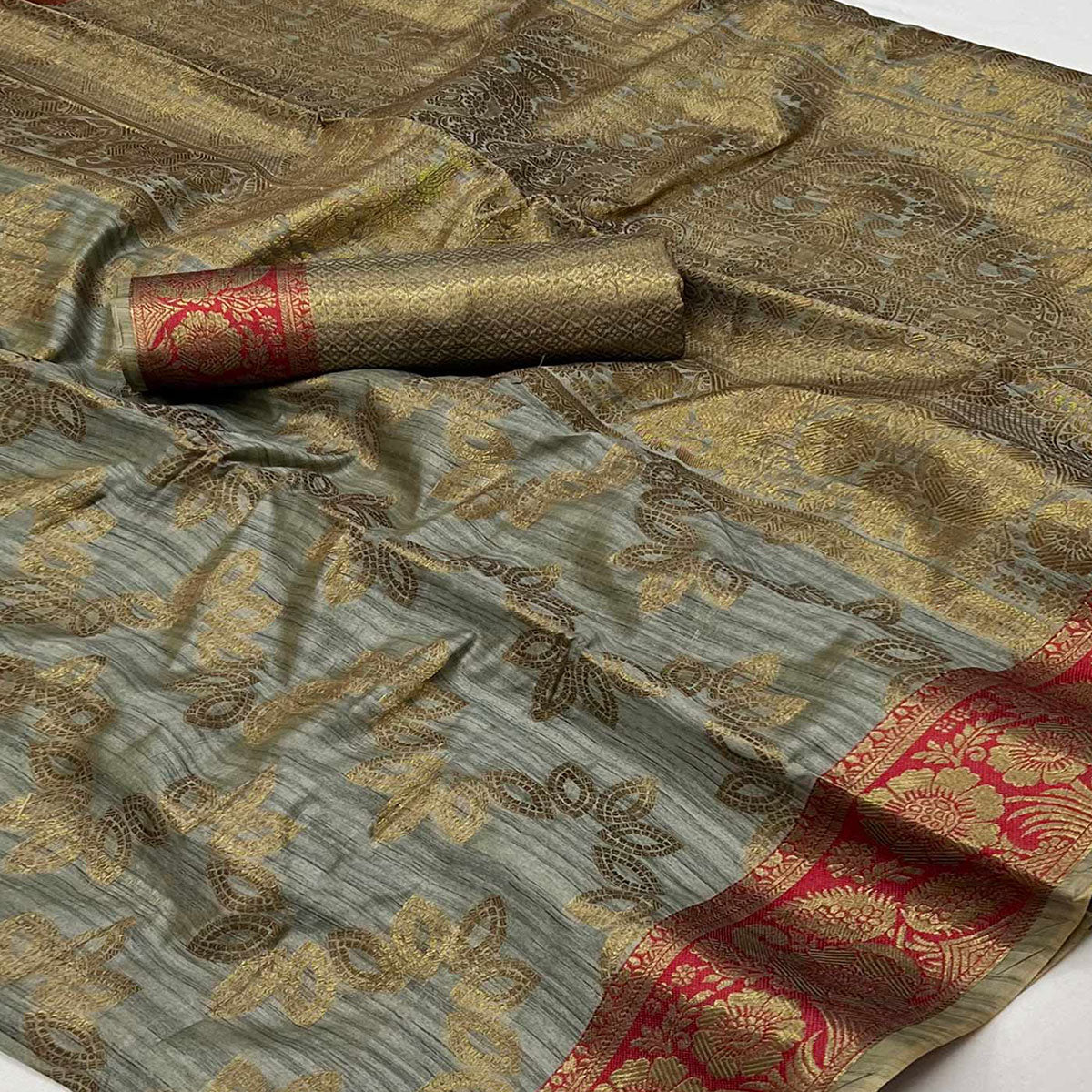 Grey Floral Woven Art Sill Saree