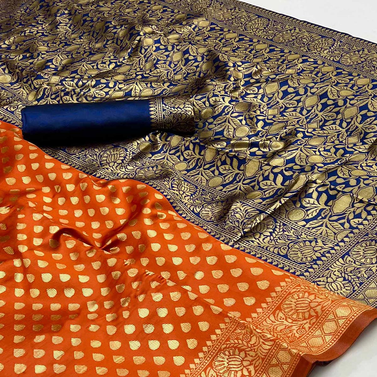 Orange Floral Woven Banarasi Silk Saree