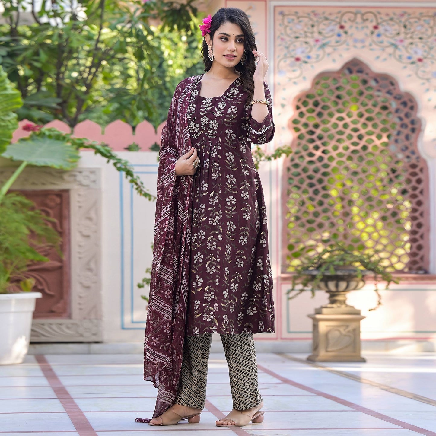 Wine Anarkali Chanderi Silk Suit With Hancrafted & Foil Print