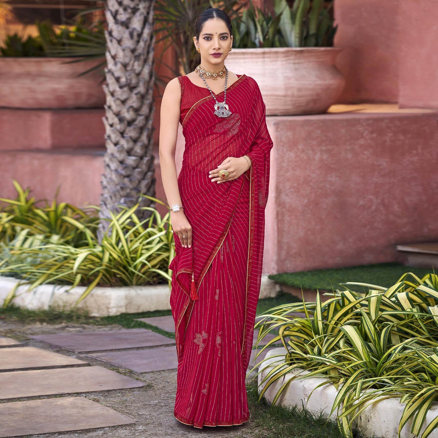 Red Foil Printed With Swarovski Work Chiffon Saree