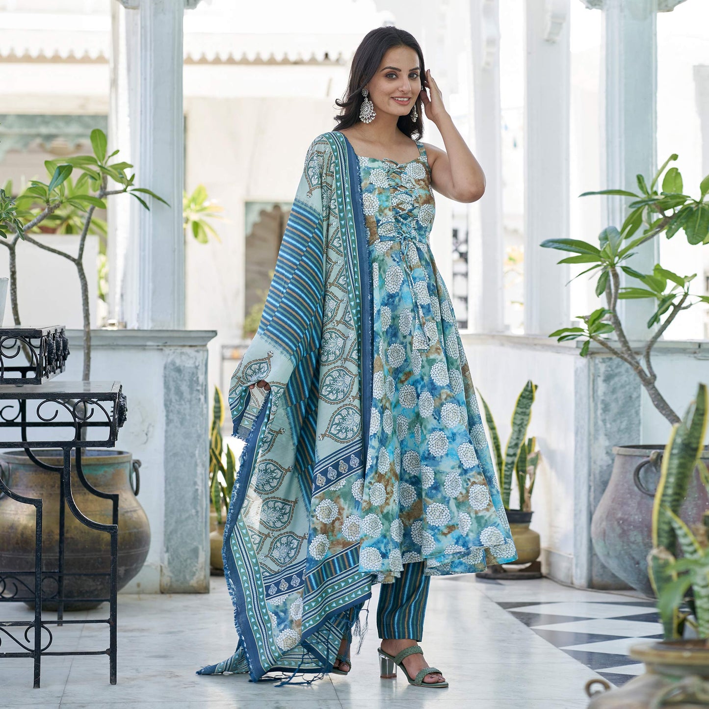 Blue Printed Anarkali Style Chanderi Suit