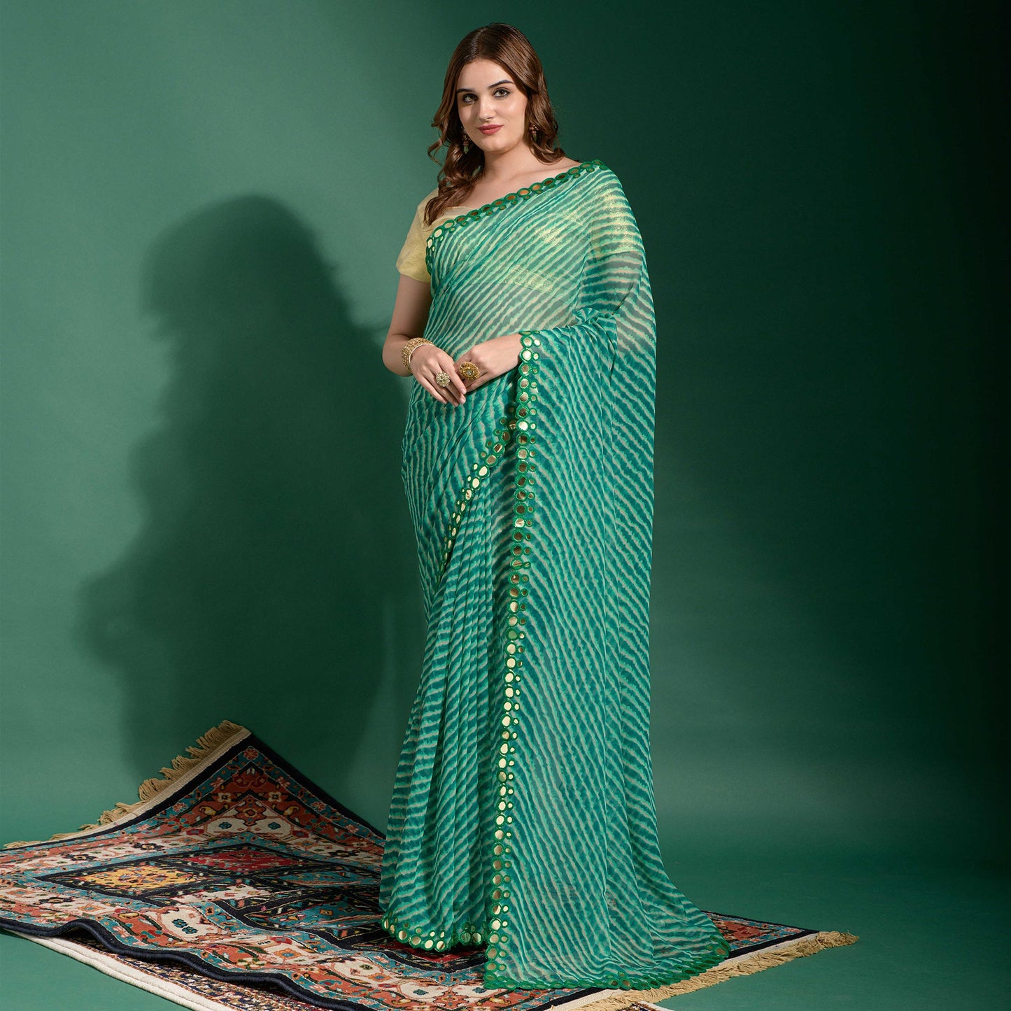 Green Leheriya Printed With Embroidered Border Chiffon Saree