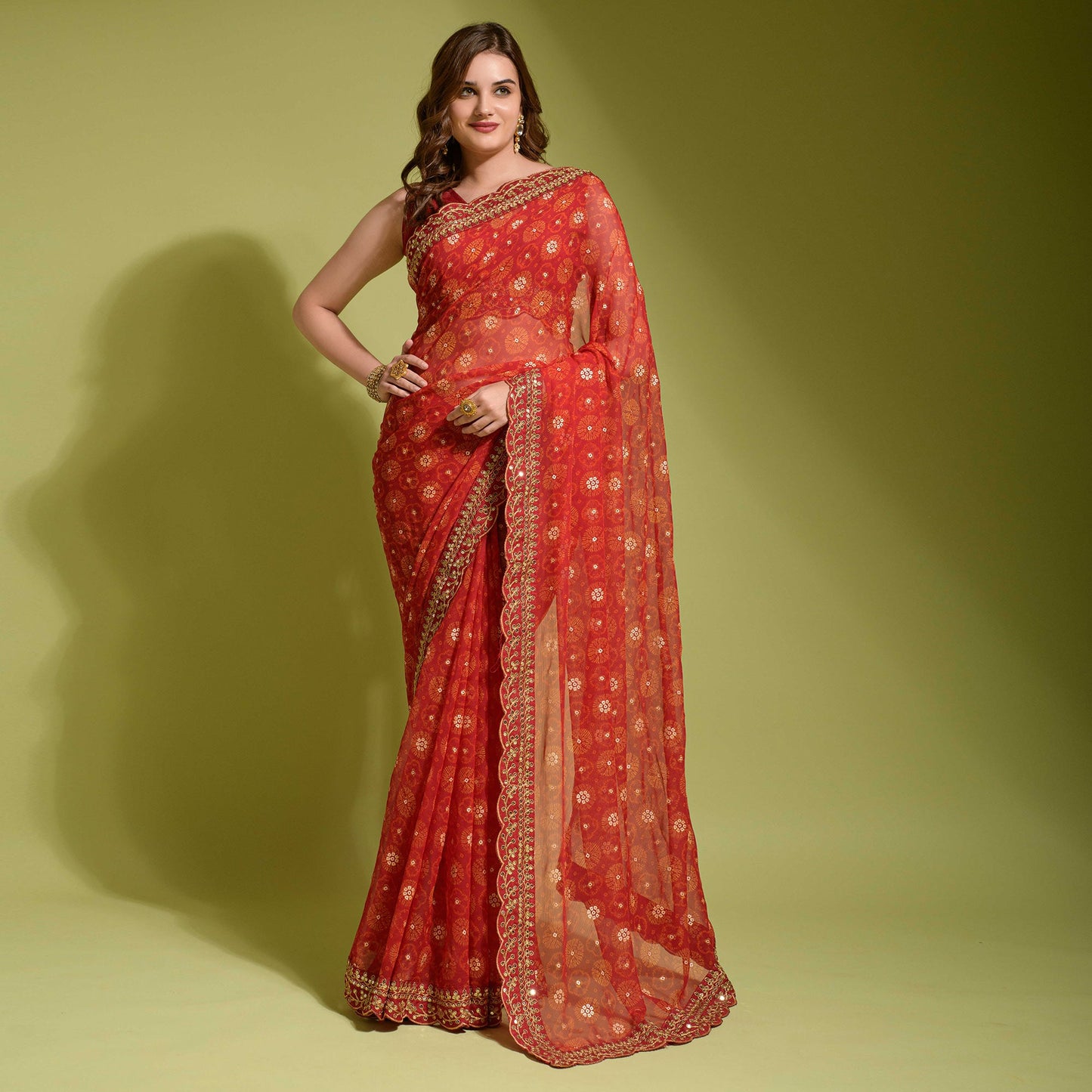 Red Bandhani Foil Printed Georgette Saree With Embroidered Border