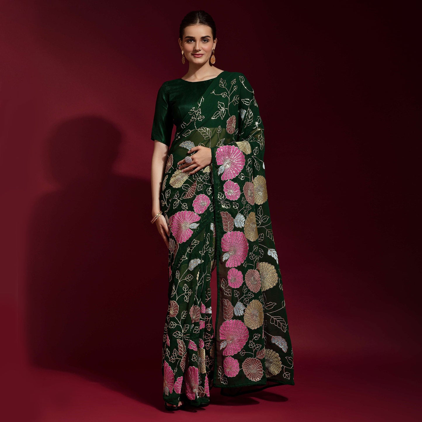 Green Floral Sequins Embroidered Georgette Saree