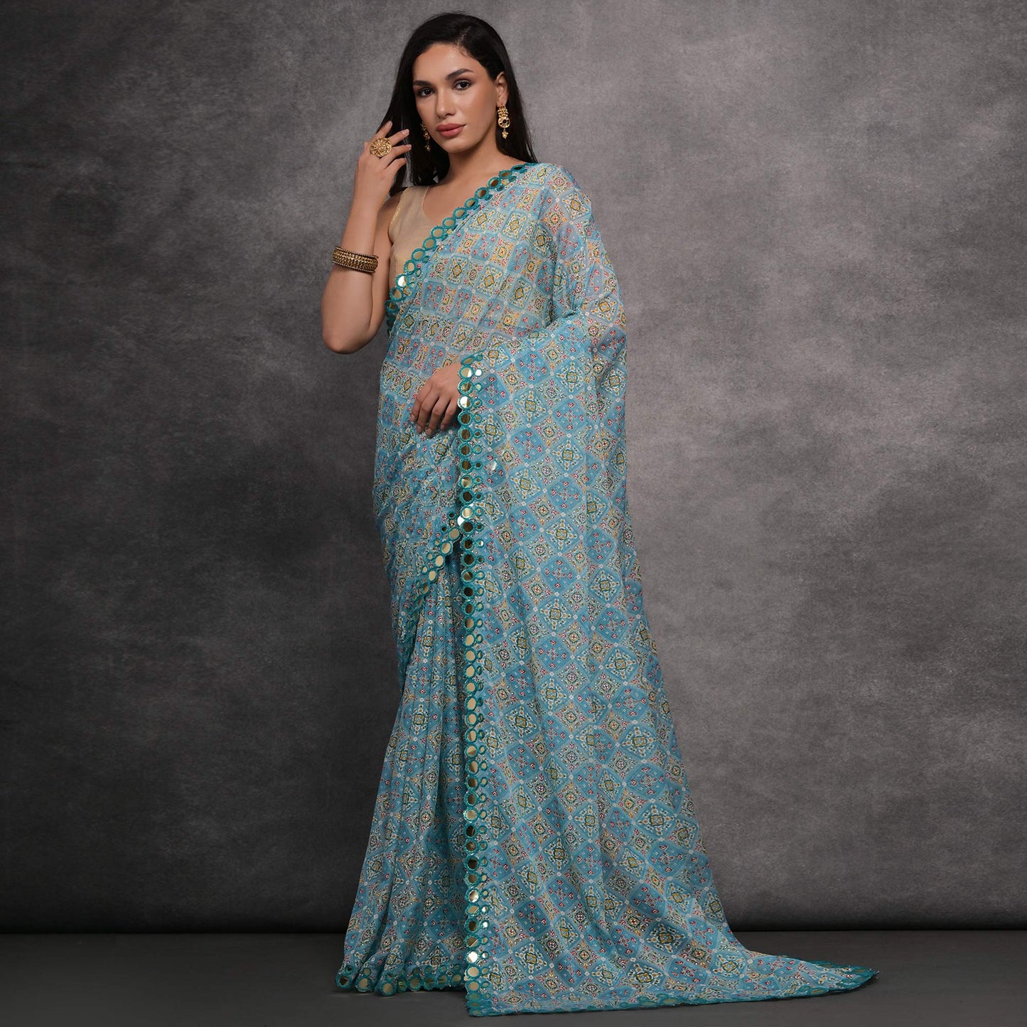 Blue Foil Printed With Mirror Work Georgette Saree