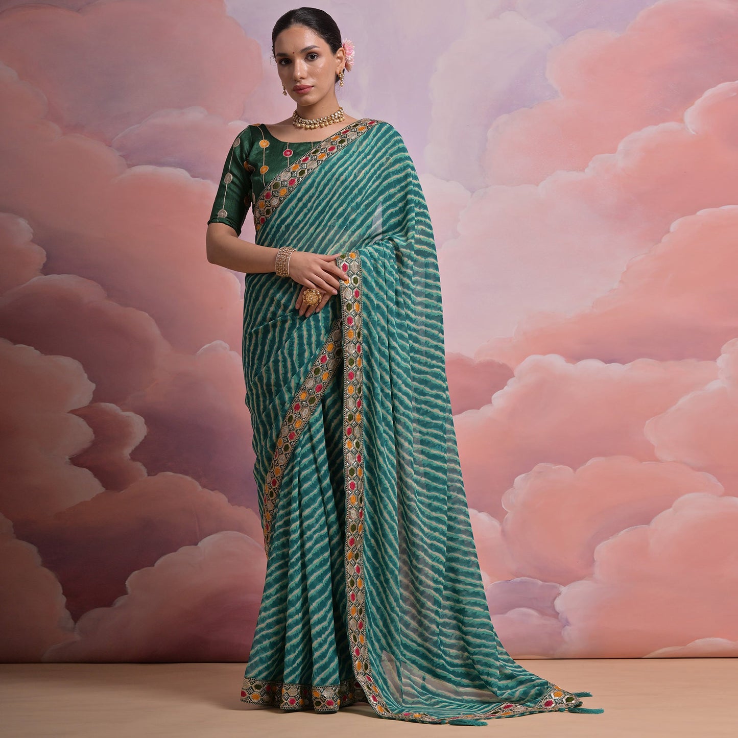 Green Leheriya Printed With Embroidered Border Georgette Saree