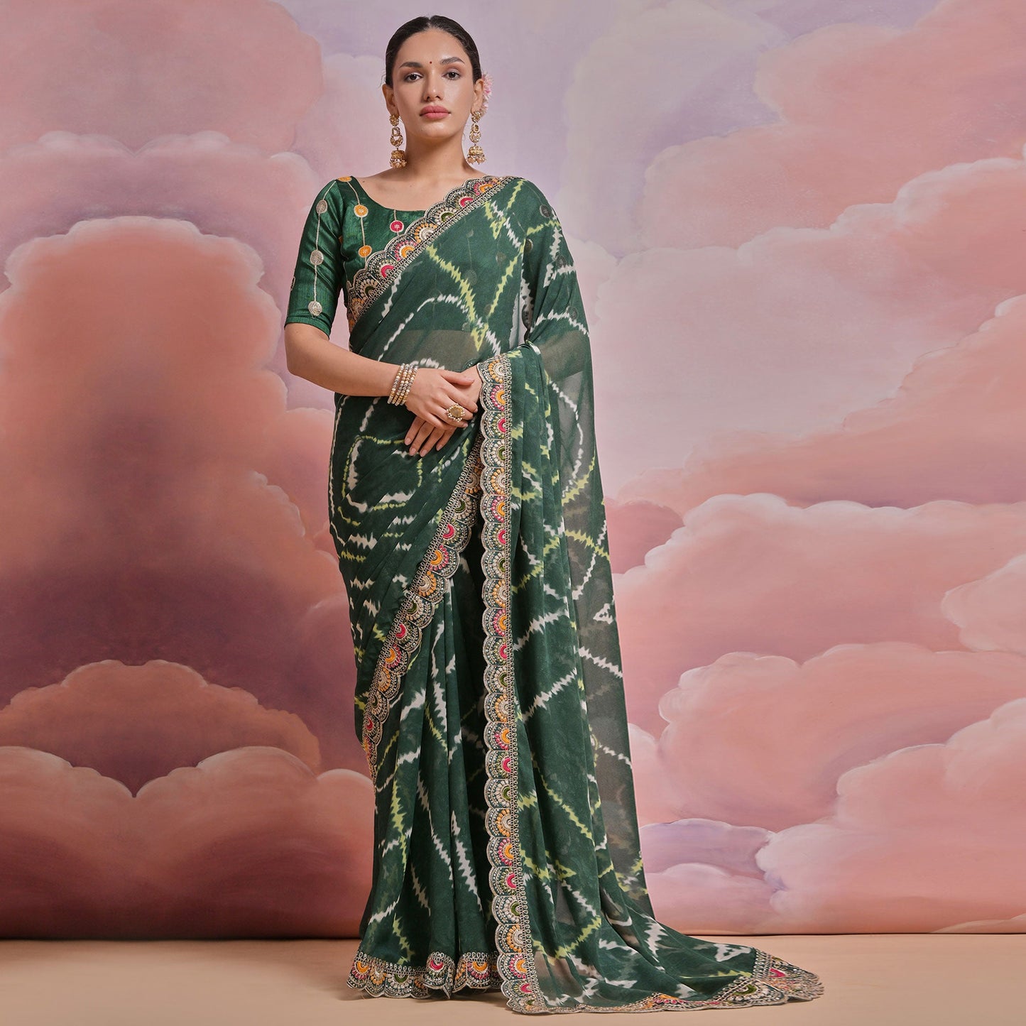 Green  Printed With Embroidered Border Georgette Saree