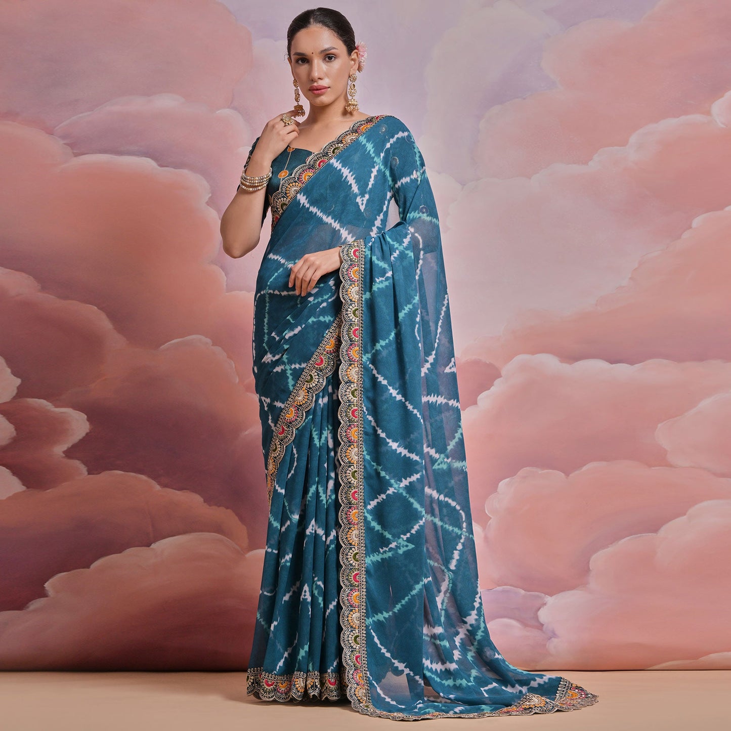 Teal  Printed With Embroidered Border Georgette Saree