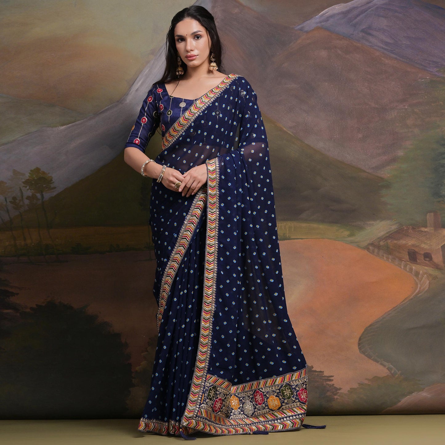 Blue Bandhej Printed Georgette Saree With Tassels