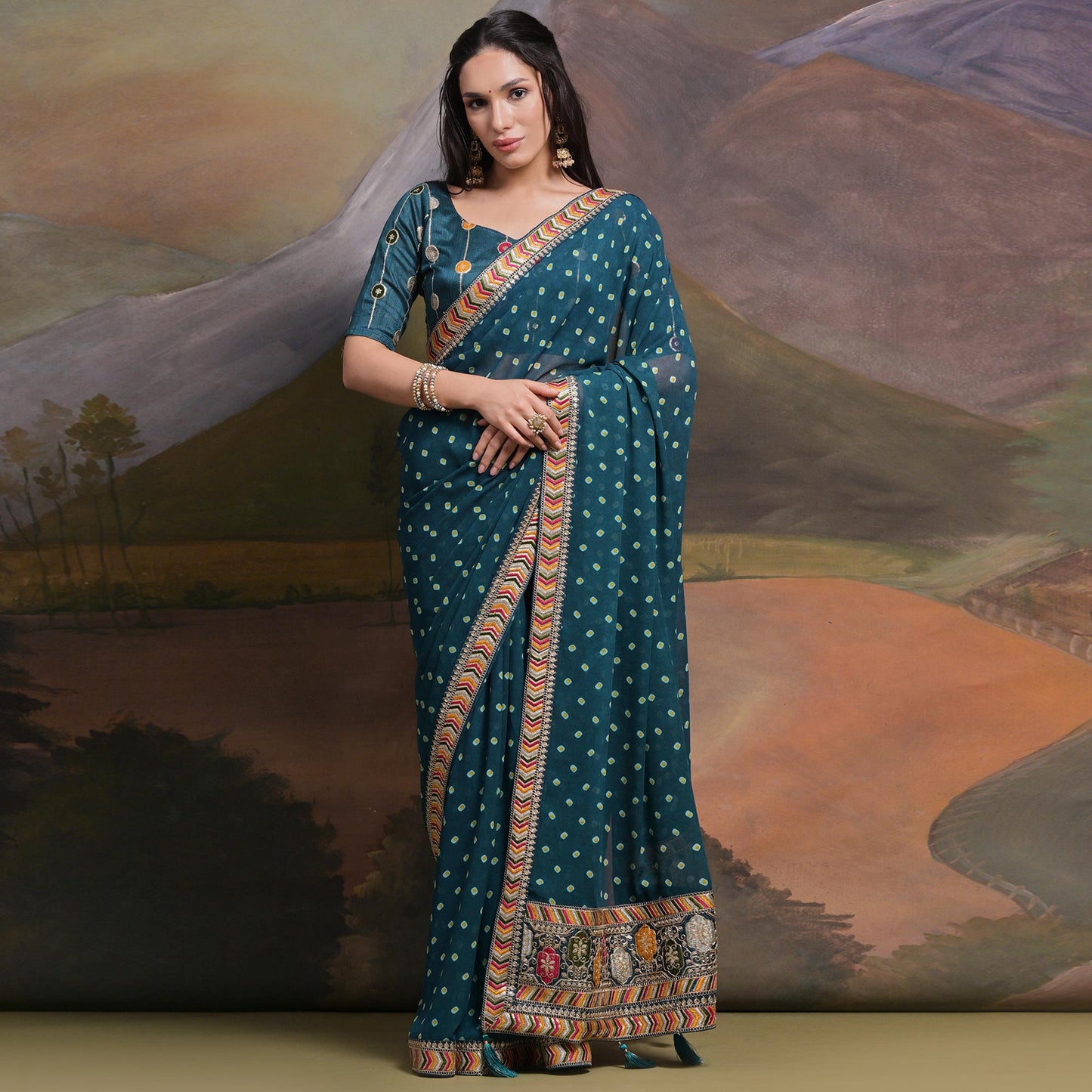 Teal Bandhej Printed Georgette Saree With Tassels