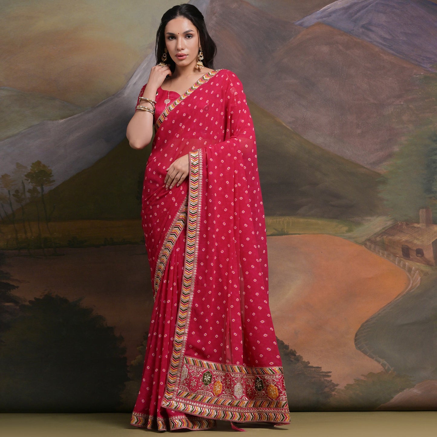 Pink Bandhej Printed Georgette Saree With Tassels