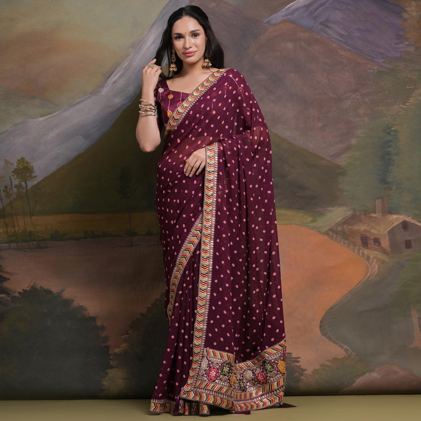 Wine Bandhej Printed Georgette Saree With Tassels