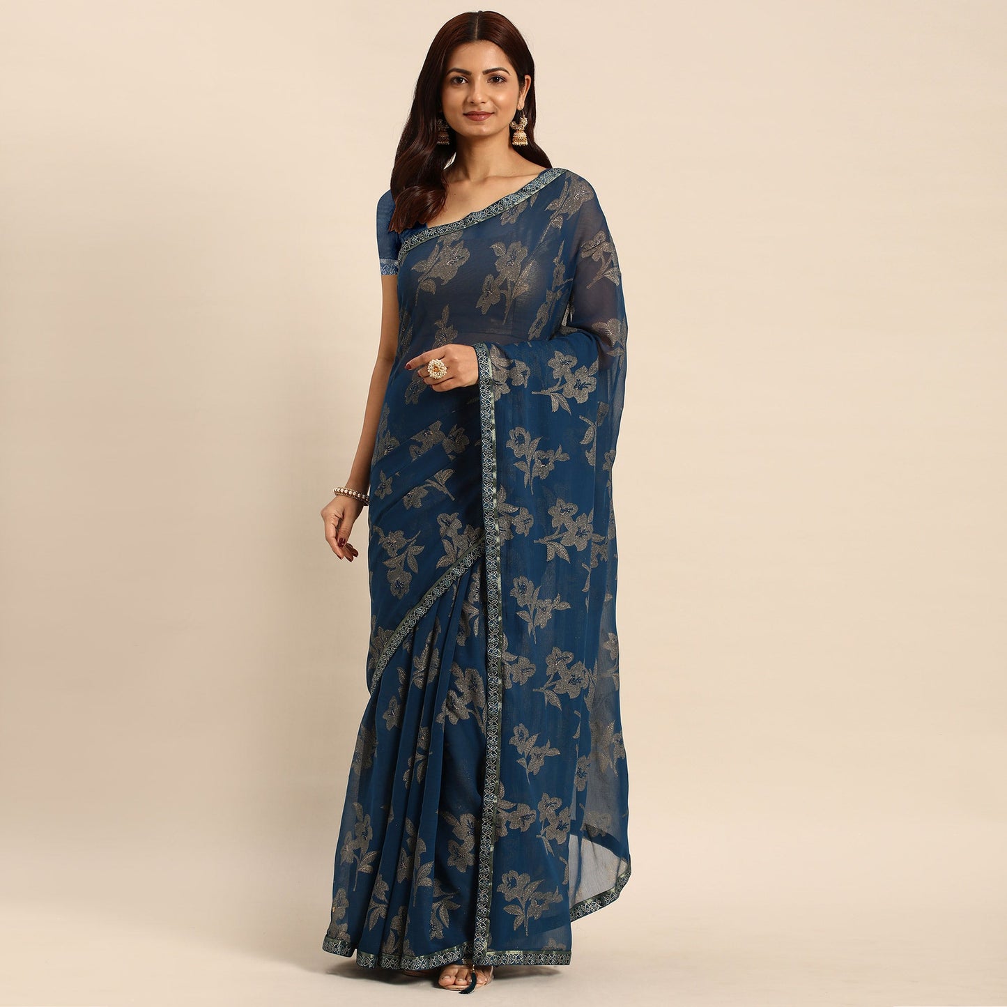 Blue Floral Foil Printed Zomato Saree