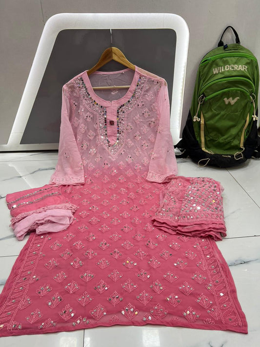 Pink Chikankari Elegance Ombré Mirror Booti Jaal Set - Kurti, Sharara & Dupatta -(Inner Included)