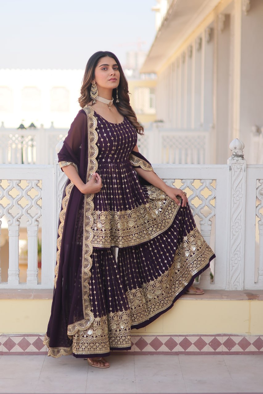 Regal Purple Elegance: Faux Georgette Kurti with Sequins & Thread Embroidery