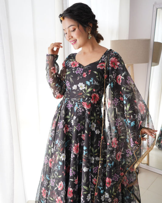 Midnight Blooms Black Floral Organza Taby Silk Gown with Dupatta