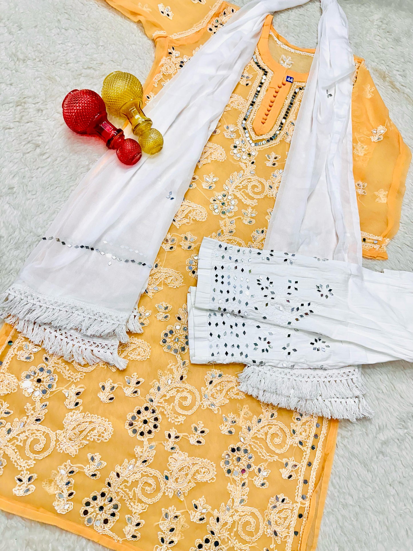 Orange Lucknawi Georgette Chikankari Mirror Phool Bel 3 pc Set